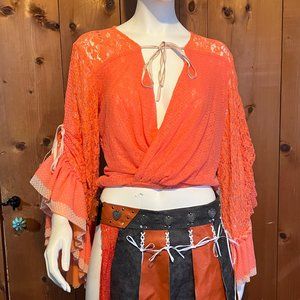 BUNDLE2$10 We Are HAH “Kim on Ho” Lace Boho Ruffle Top Orange Pink Size Medium